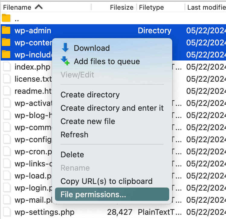 Edit directory permissions with FTP