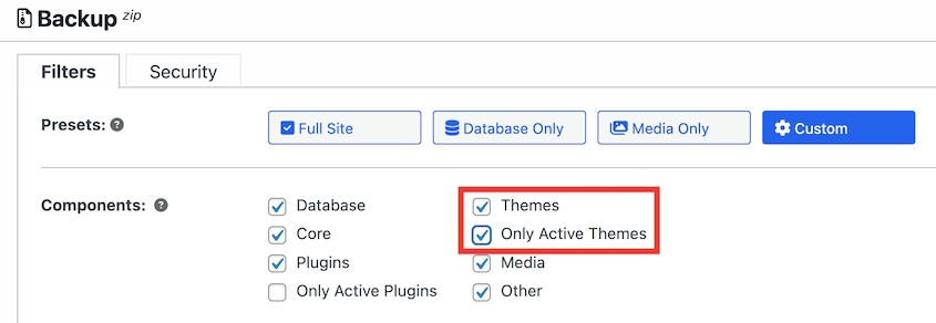 Remove inactive themes from backup