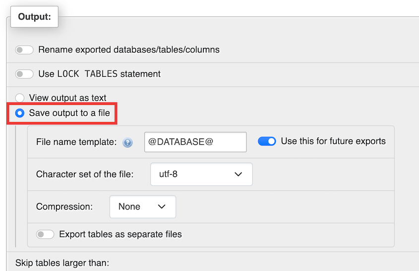 phpMyAdmin save output to a file