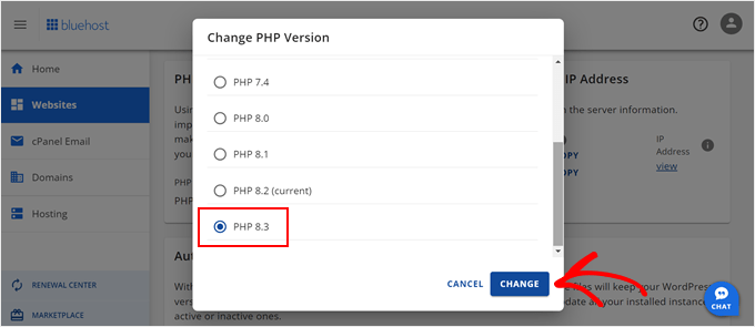 Bluehost choose PHP version number