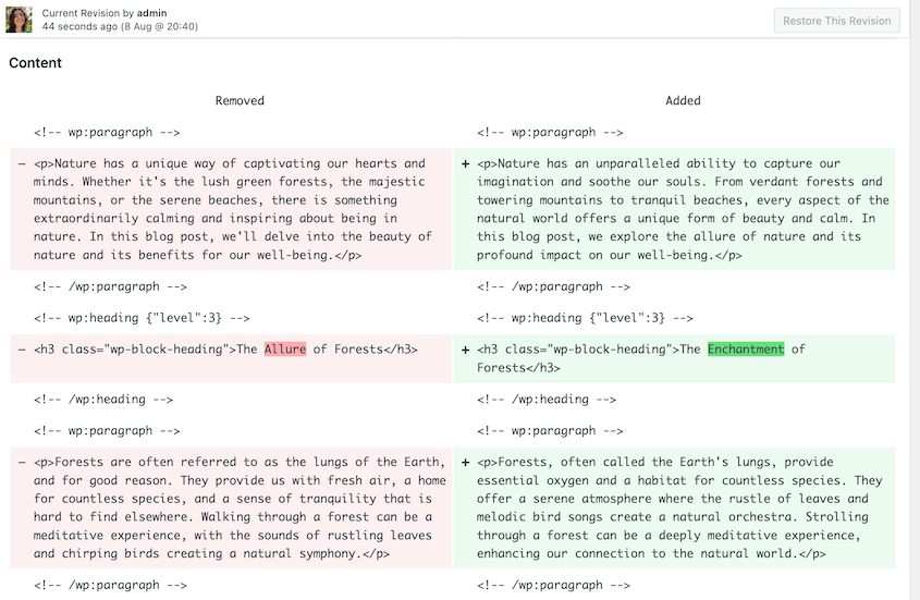 Compare WordPress revisions