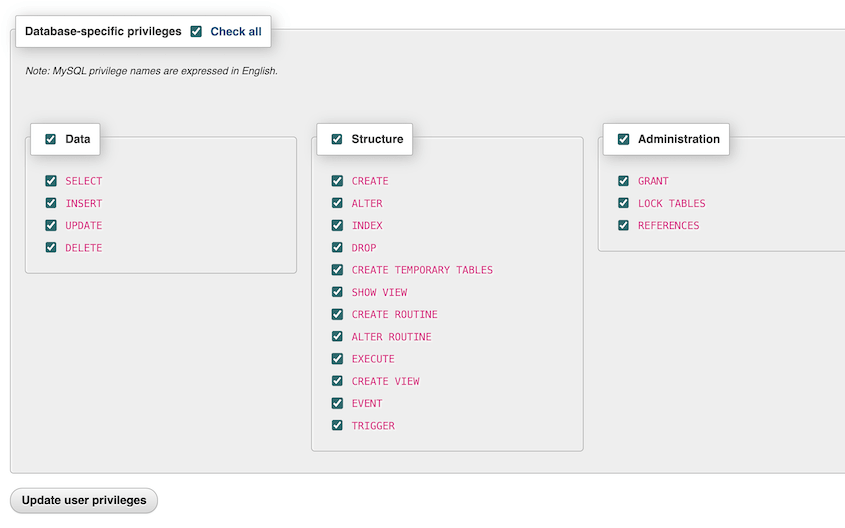 phpMyAdmin database user privileges