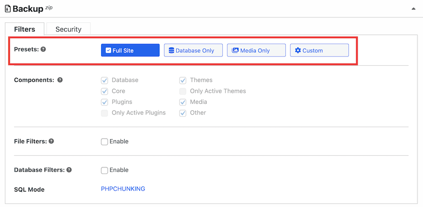 Duplicator's backup presets