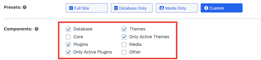 Duplicator's custom backup components