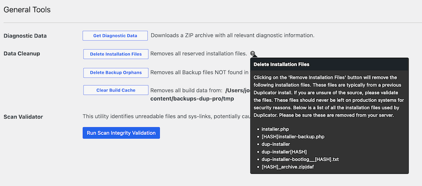 Duplicator's installation files tooltip