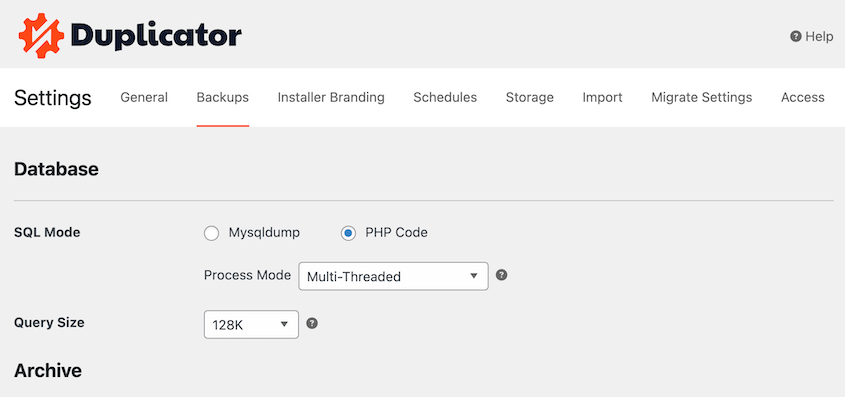 Duplicator's redesigned settings