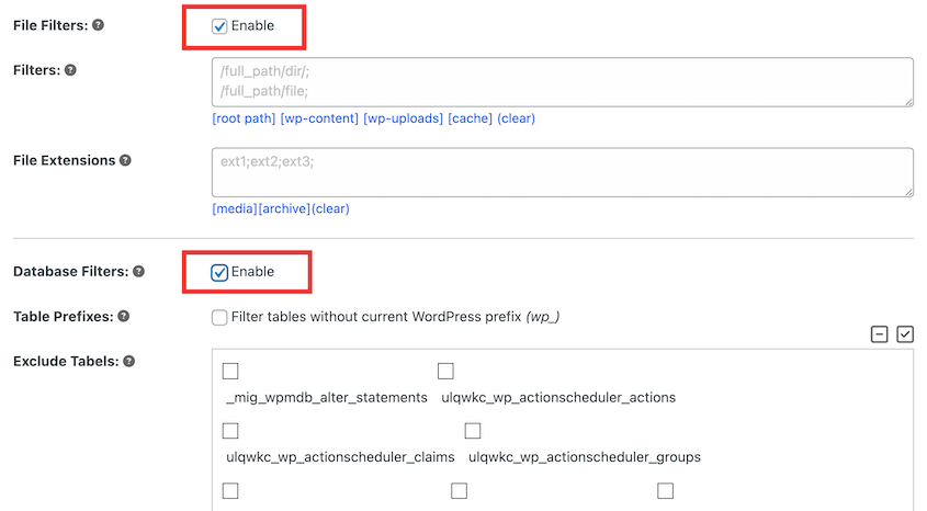 Enable Duplicator's backup filters