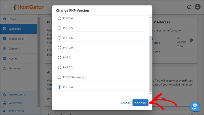 HostGator PHP version number