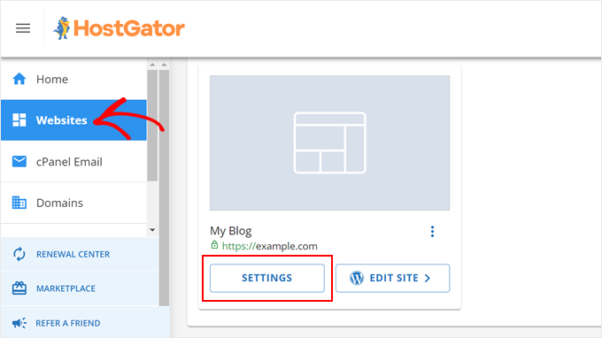 HostGator site settings