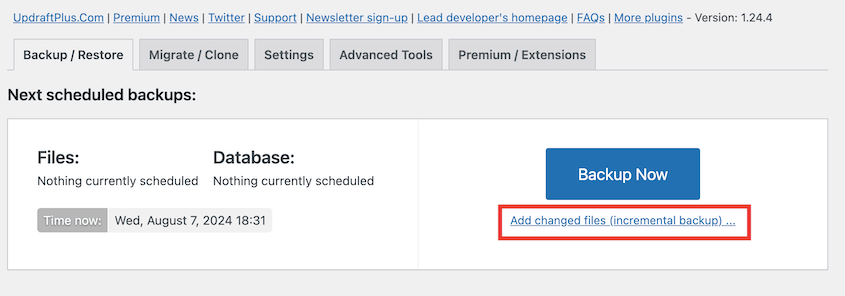 UpdraftPlus incremental backup