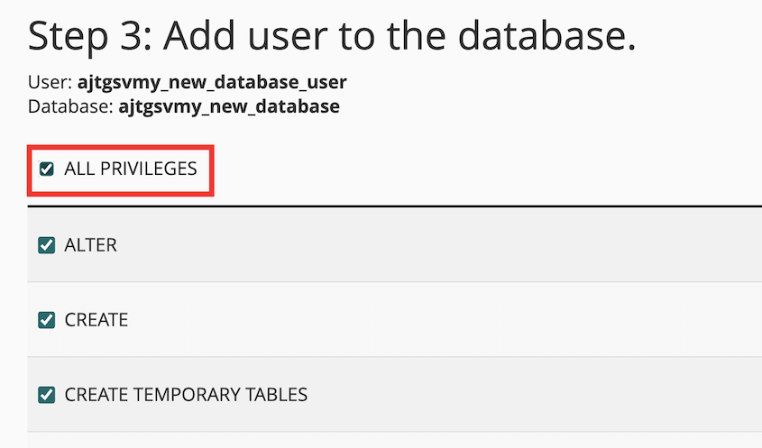 cPanel add user to database