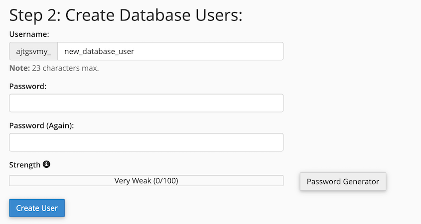 cPanel create database user