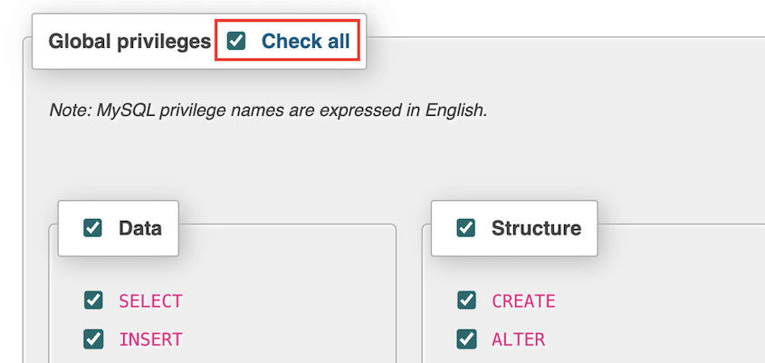 phpMyAdmin global user privileges