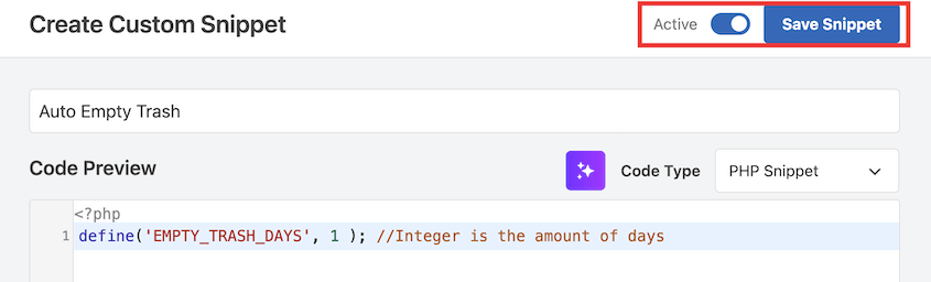 Activate WordPress trash code snippet