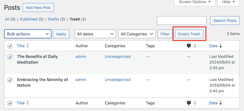 Empty WordPress posts trash