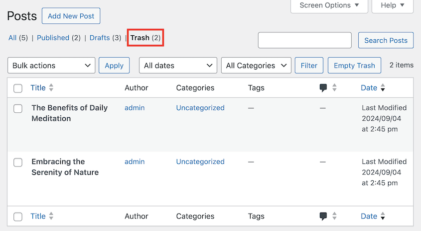 WordPress posts trash