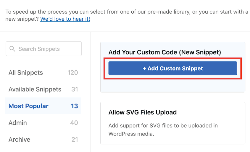 WPCode add custom snippet