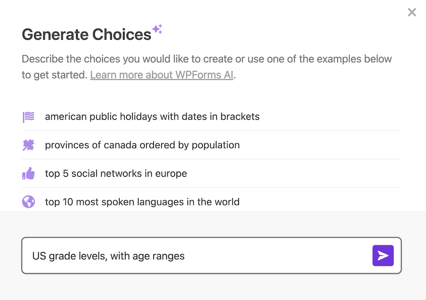 WPForms AI choices