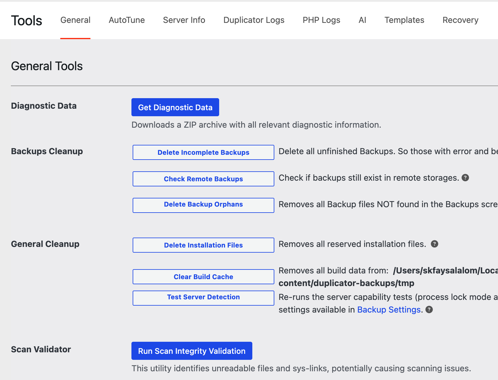 Tools page showing General Tools: Diagnostic Data, Backups Cleanup, General Cleanup, and Scan Validator with action buttons (e.g., Get Diagnostic Data, Delete Incomplete Backups, Check Remote Backups, Delete Backup Orphans, Delete Installation Files, Clear Build Cache, Test Server Detection, Run Scan Integrity Validation).