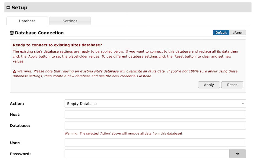 Duplicator Lite connect database