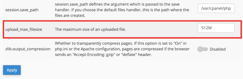 Increase max file upload size with cPanel