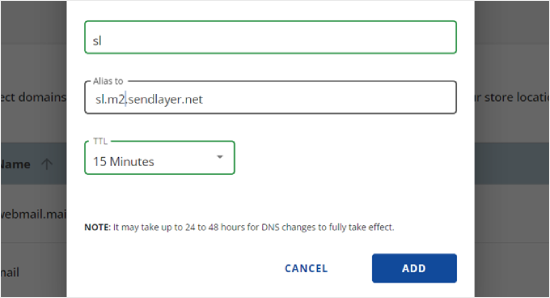 Add SendLayer DNS record to Bluehost