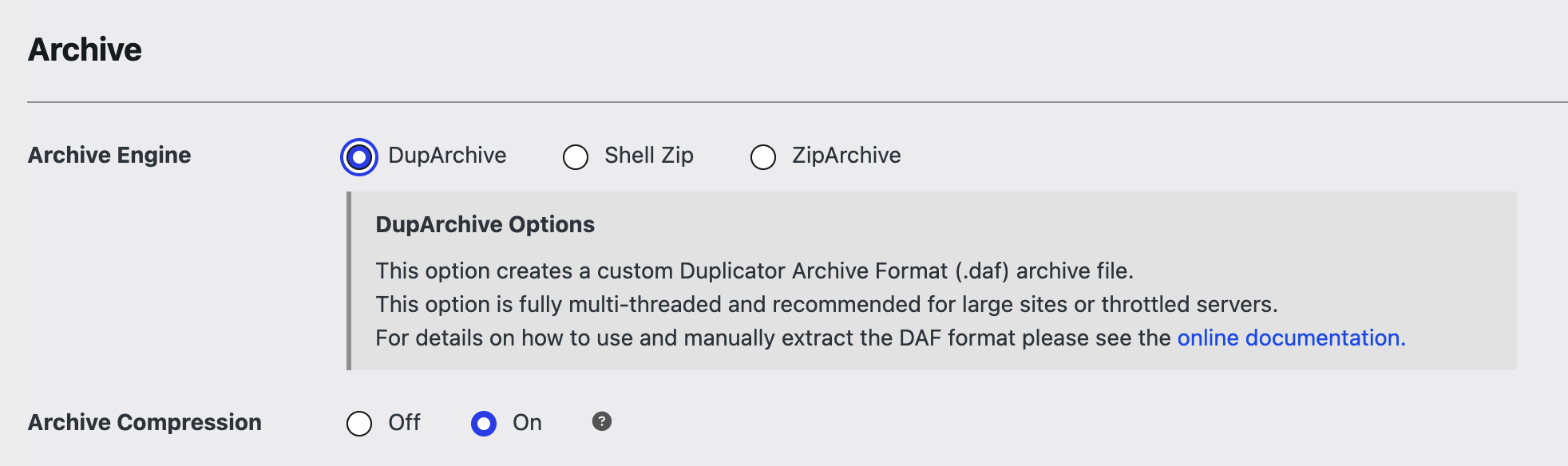 Archive settings panel with DupArchive selected under Archive Engine and a gray info box describing DupArchive Options; Compression On.