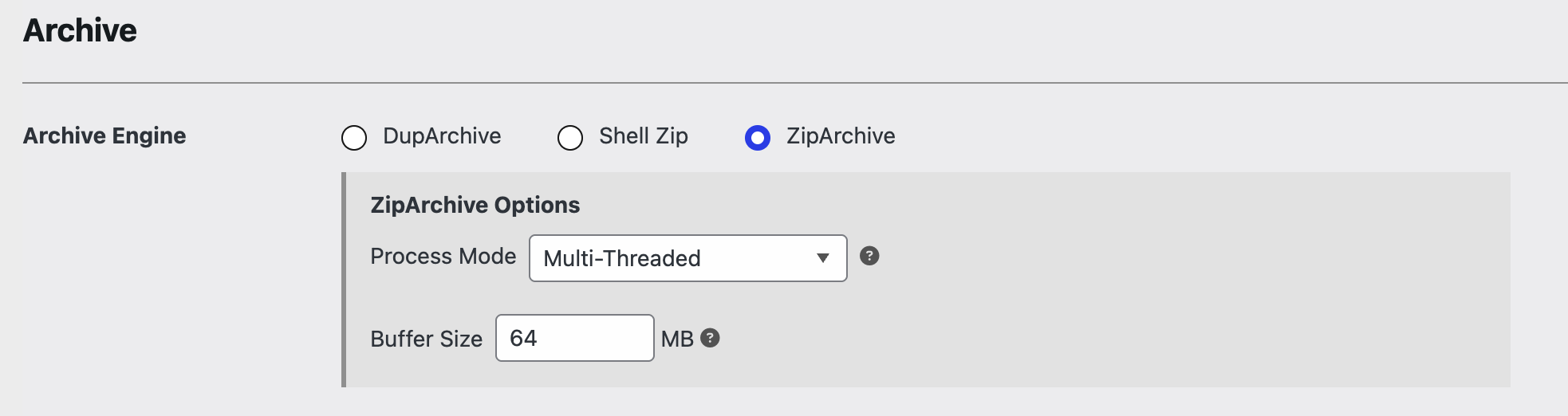 Archive page; ZipArchive selected under Archive Engine. ZipArchive Options show Process Mode: Multi-Threaded and Buffer Size: 64 MB.