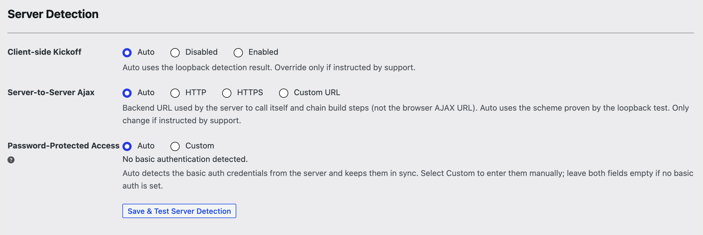 Server Detection settings panel with three sections: Client-side Kickoff (Auto), Server-to-Server Ajax (Auto), Password-Protected Access (Auto), and a Save & Test Server Detection button.