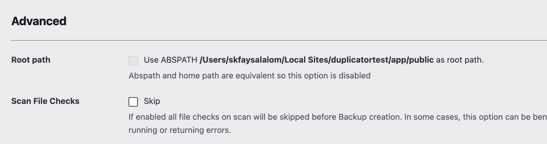 Advanced settings section with Root path option and Scan File Checks toggle and descriptions.