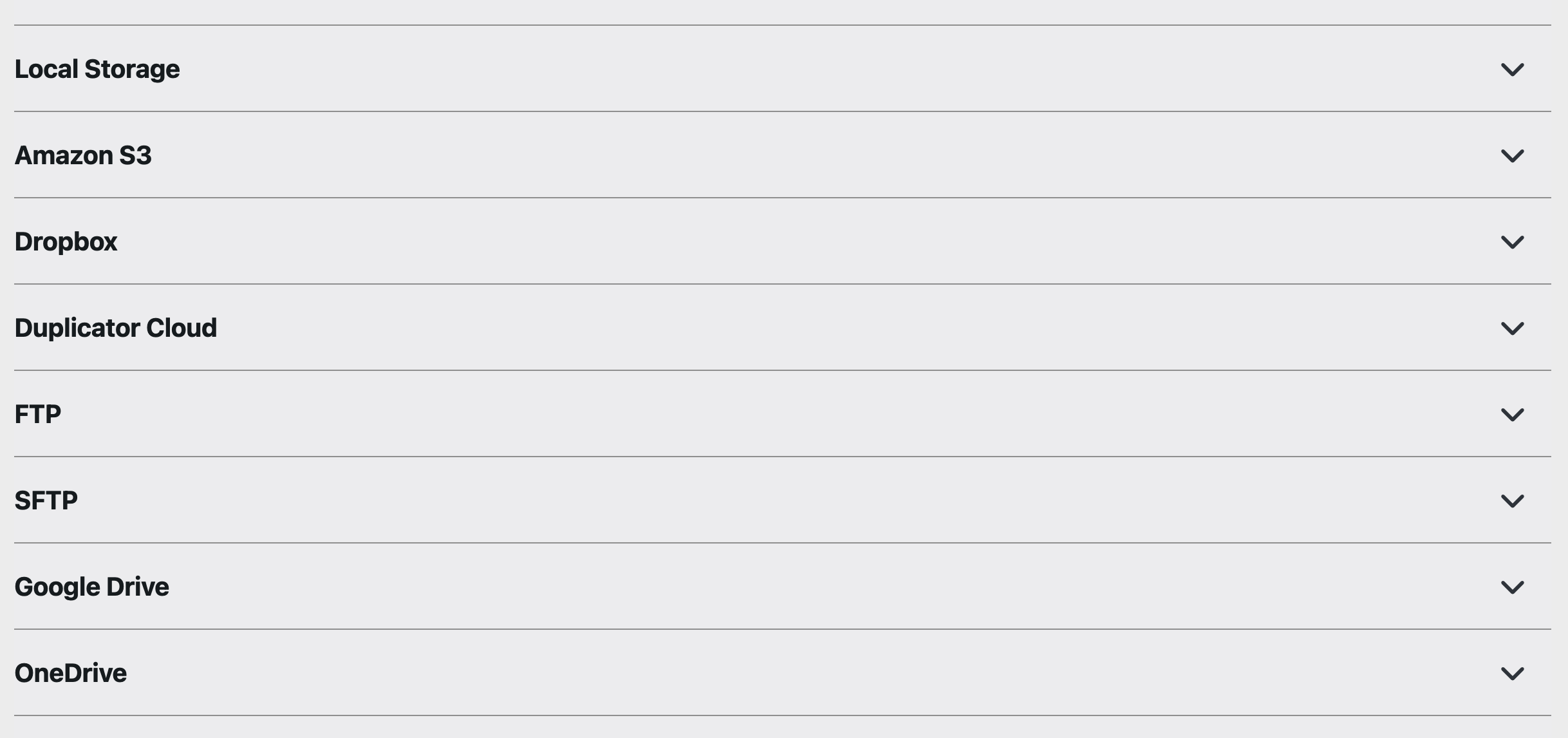 Expandable list of storage options: Local Storage, Amazon S3, Dropbox, Duplicator Cloud, FTP, SFTP, Google Drive, and OneDrive.