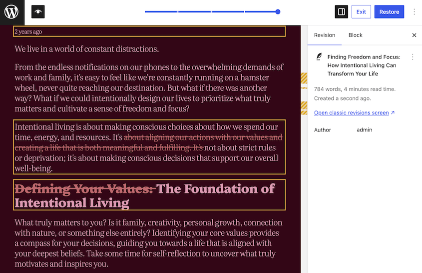 Block-Editor WordPress-Revisionen