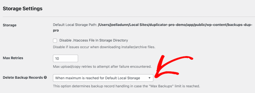 Automatically delete backup records when local maximum is reached