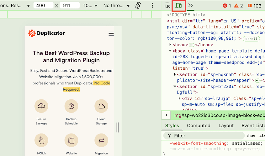 Chrome DevTools mobile view