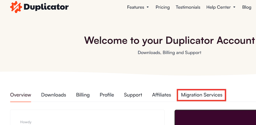 Duplicator's Migration Services tab
