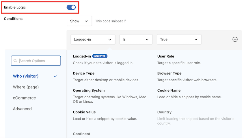Enable conditional logic for code snippet