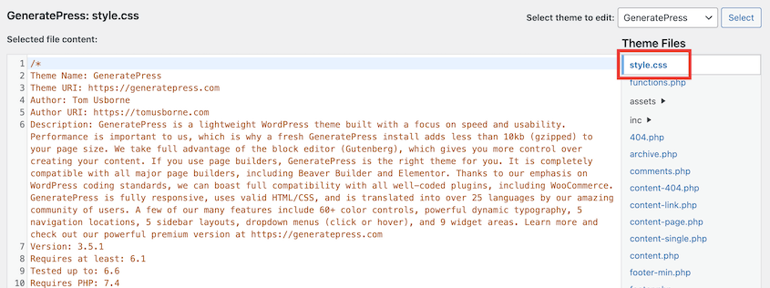 WordPress style.css file in theme file editor