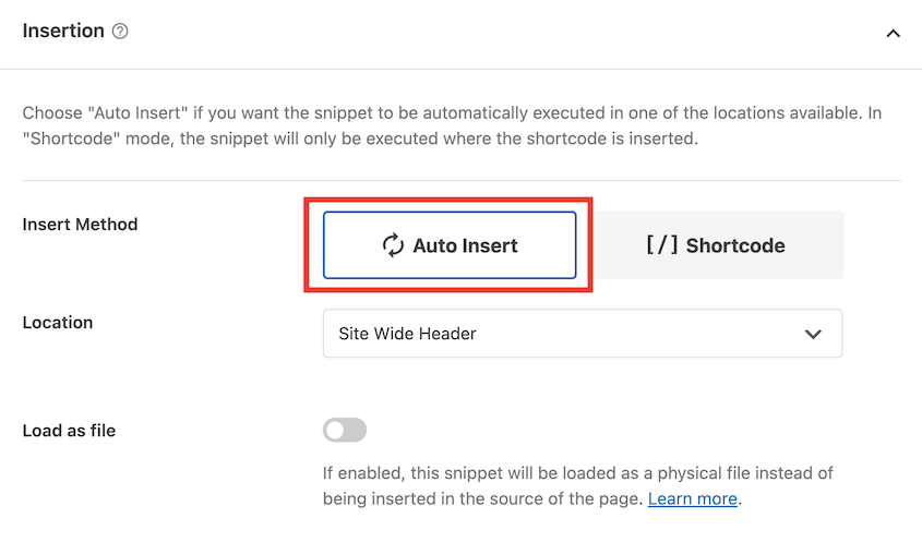 WPCode auto insert snippet