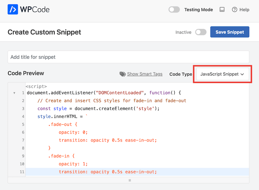 WPCode JavaScript snippet
