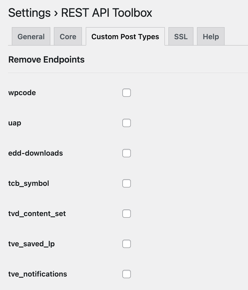 API toolbox settings