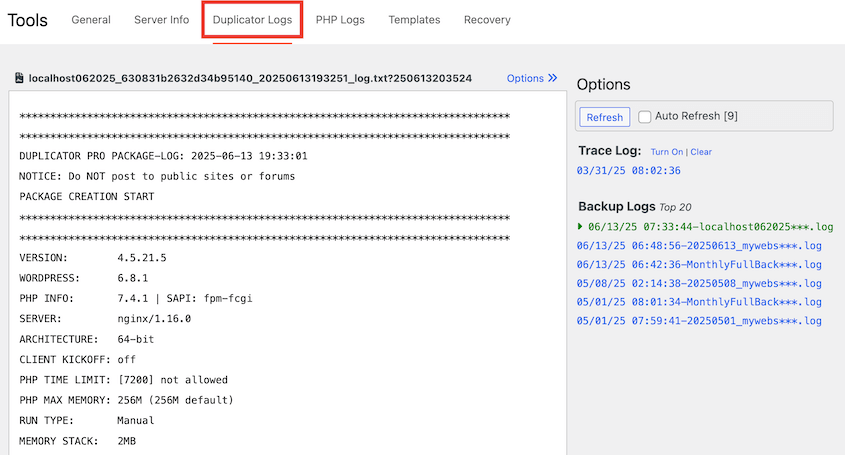 Duplicator backup logs