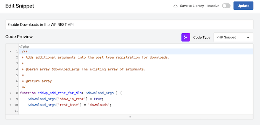 Enable API downloads snippet with WPCode
