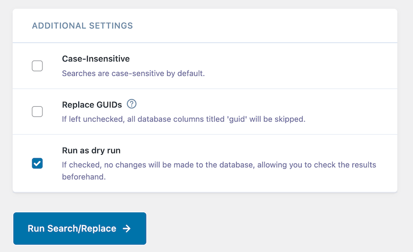 Better Search Replace additional settings