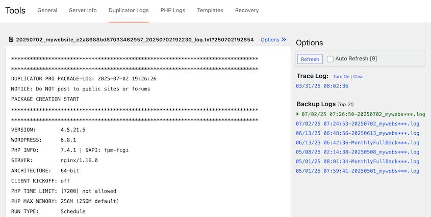 Duplicator backup log