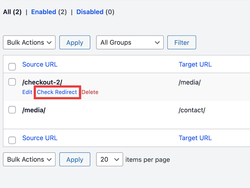 Check 301 redirect with AIOSEO