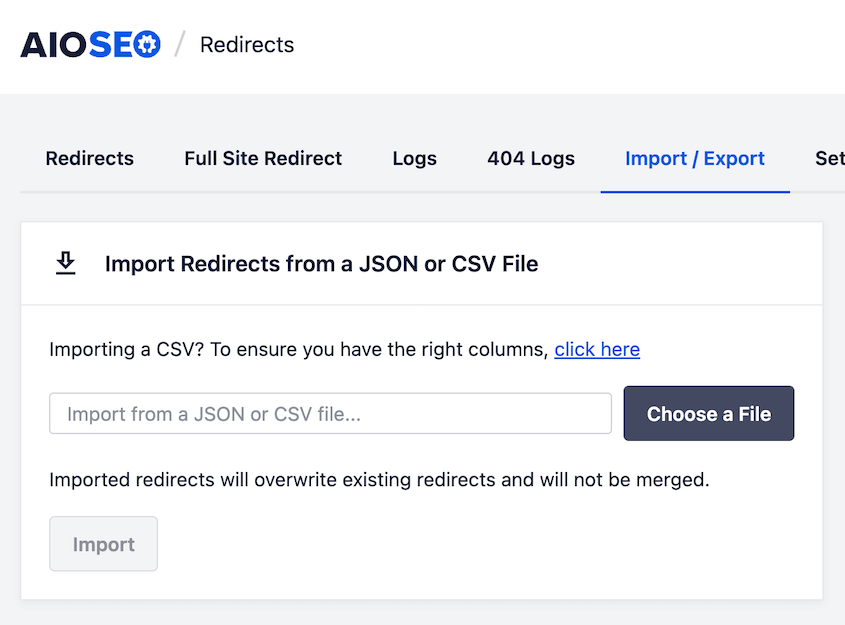 Import redirects in AIOSEO