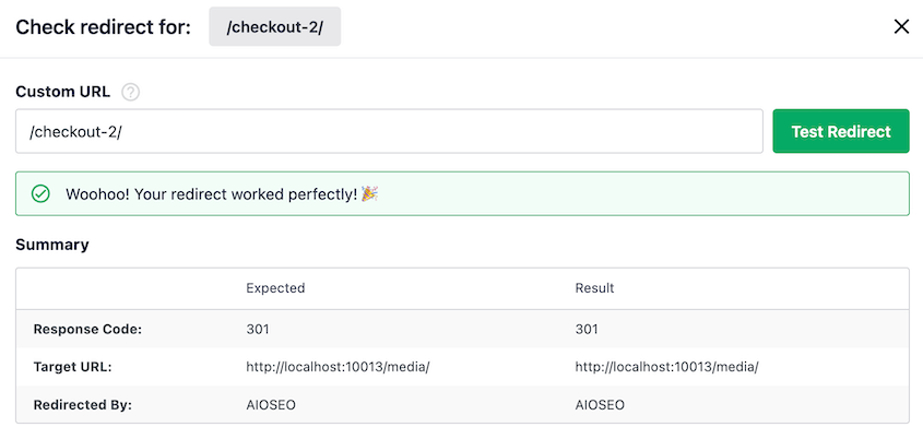 Successful 301 redirect in AIOSEO