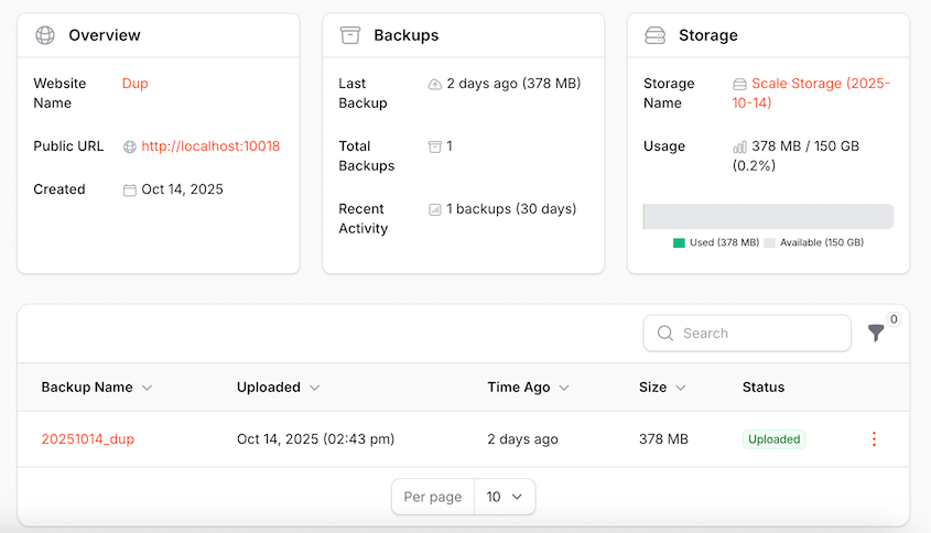 Duplicator cloud website dashboard