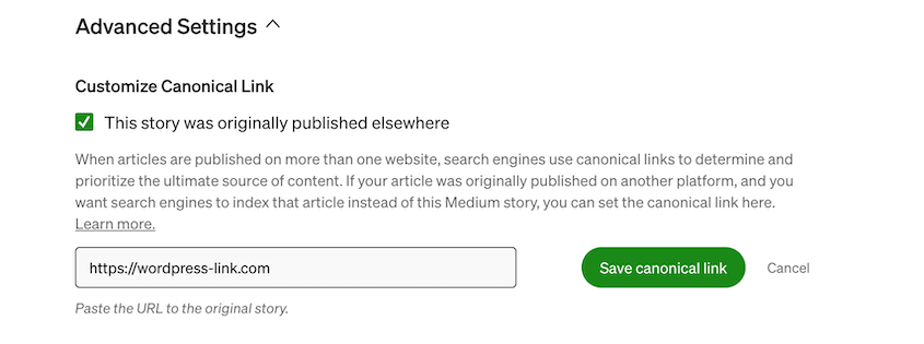 Medium canonical link settings