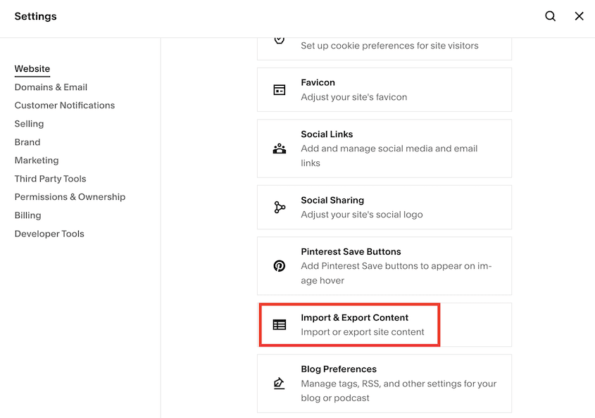 Squarespace Import & Export settings